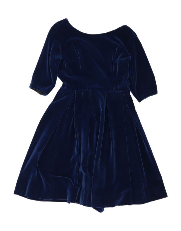Vintage Damen 3/4-Ärmel-Samt-A-Linien-Kleid UK 14 Medium Navy Blue