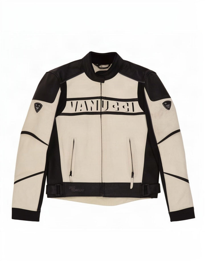 Vanucci Herren-Racerjacke aus grafischem Leder, EU 48, Größe S, Weiß, Farbblock