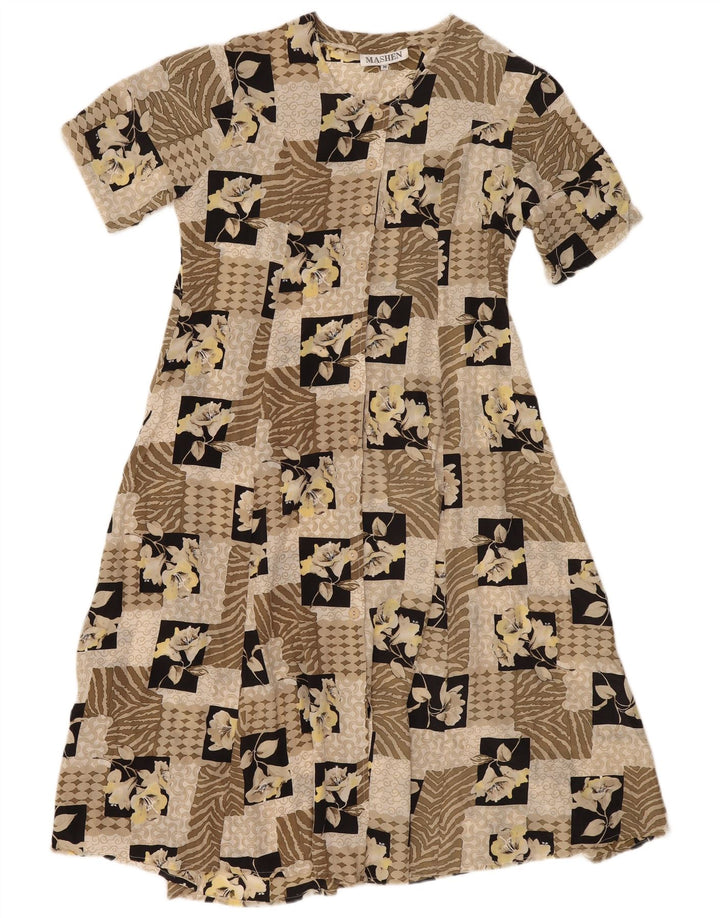 Vintage Damen Teekleid UK 14 Medium Beige Patchwork Seide