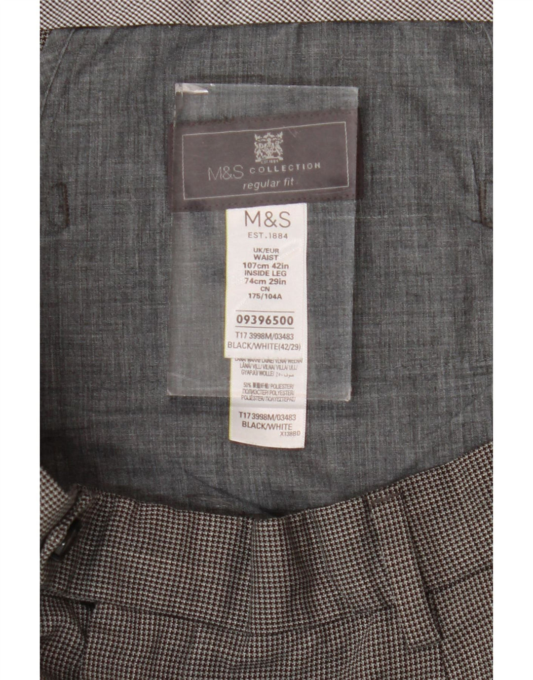 Marks & Spencer Herren-Anzughose in normaler Passform, W42, L29, Schwarz mit Hahnentrittmuster