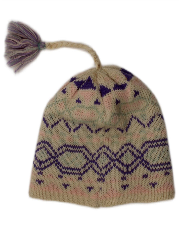 Vintage Damen Beanie Mütze One Size Off White Fair Isle Wolle