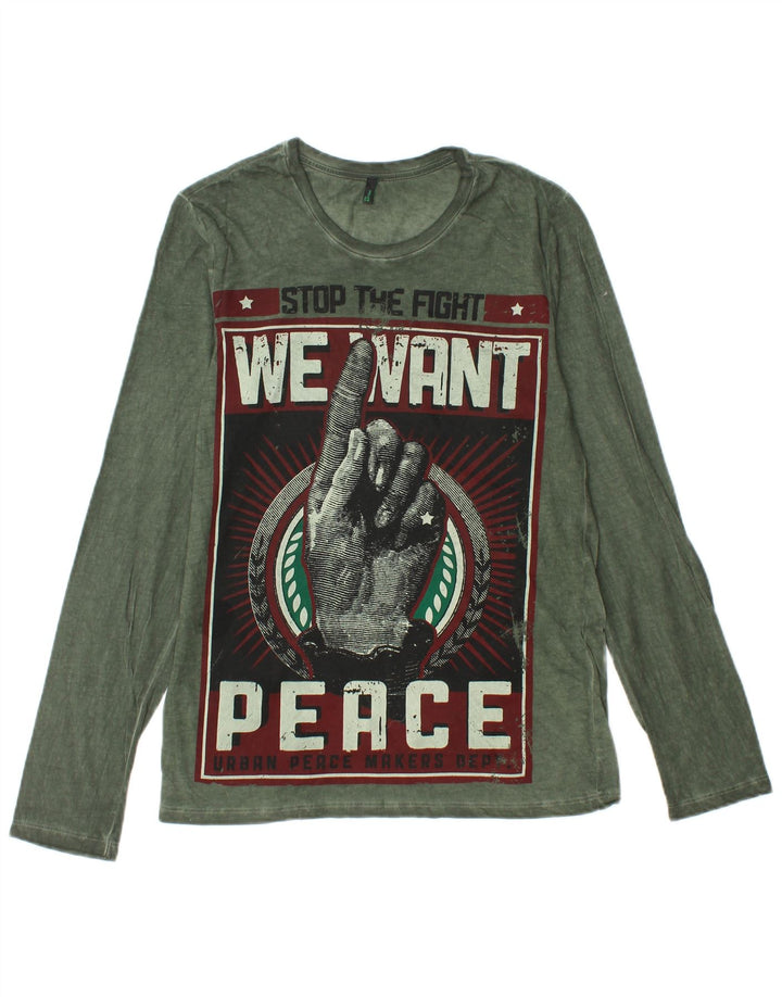 BENETTON Herren-Grafik-Oberteil, langärmelig, klein, grüne Baumwolle