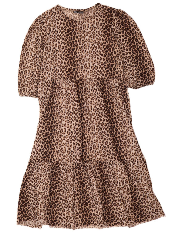 Zara Damen-Maxikleid mit 3/4-Ärmeln, UK-Größe 44, groß, braunes Polyester mit Animal-Print