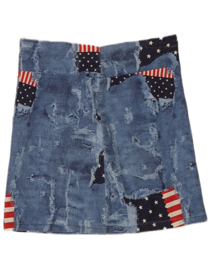 Vintage Damen Distressed Minirock Medium W28 Blau Patchwork Baumwolle USA