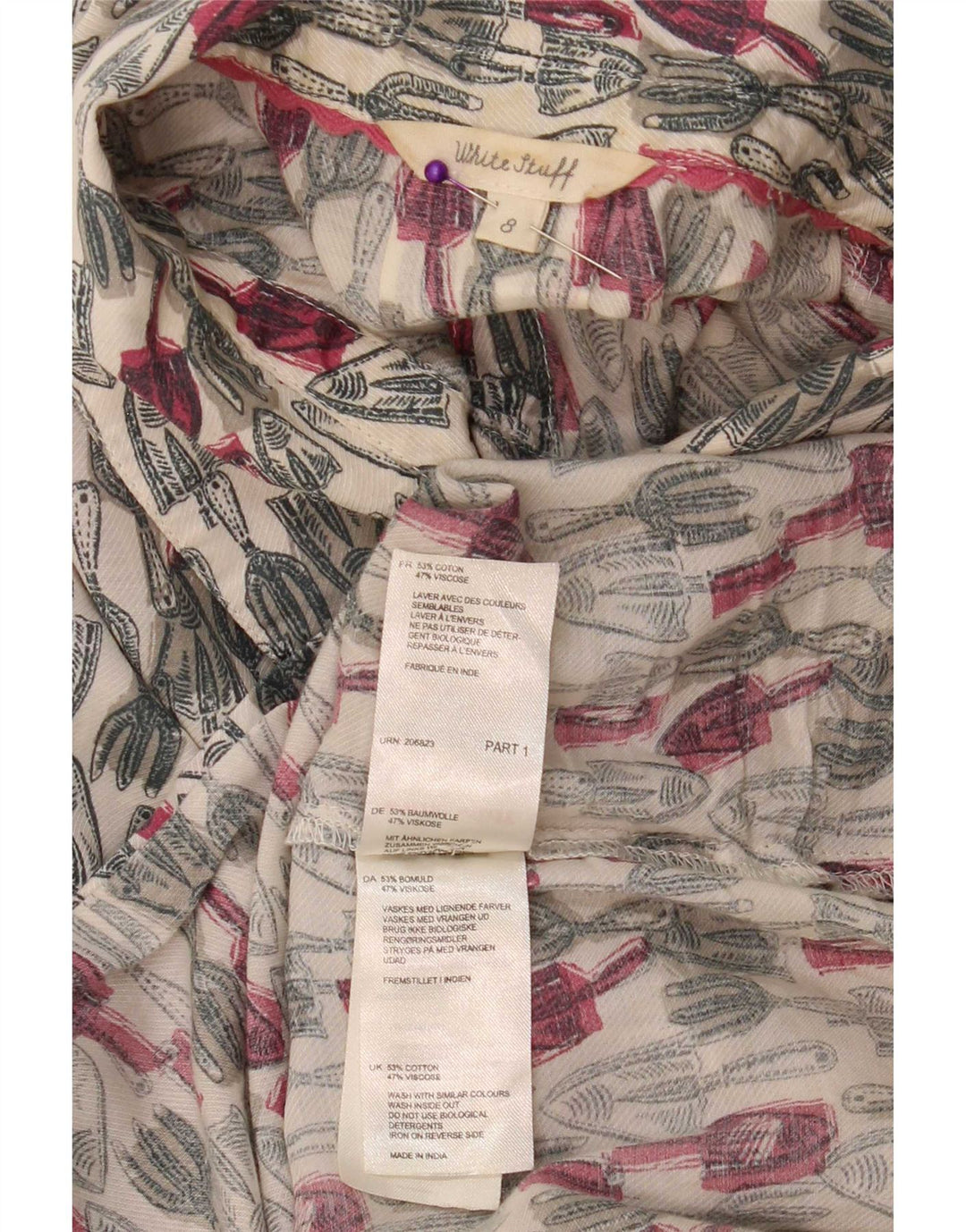 White Stuff Damen-Etuikleid mit abstraktem Muster und 3/4-Ärmeln, Größe S (Größe: S).