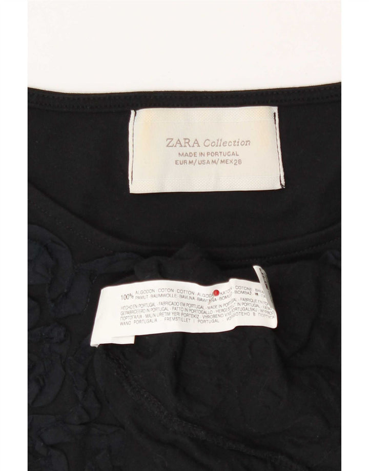 Zara Womens Abstract Pattern T-Shirt Top UK 12 Mittelschwarze Baumwolle