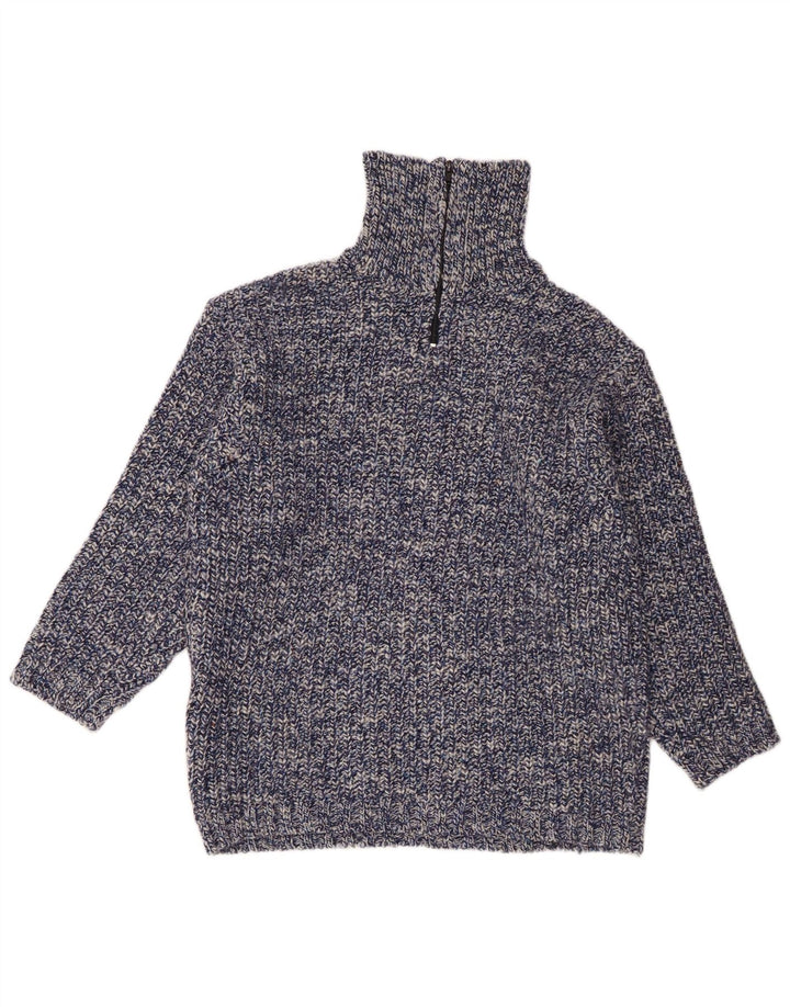 Vintage Herren-Pullover mit Reißverschluss, groß, blau gefleckte Wolle