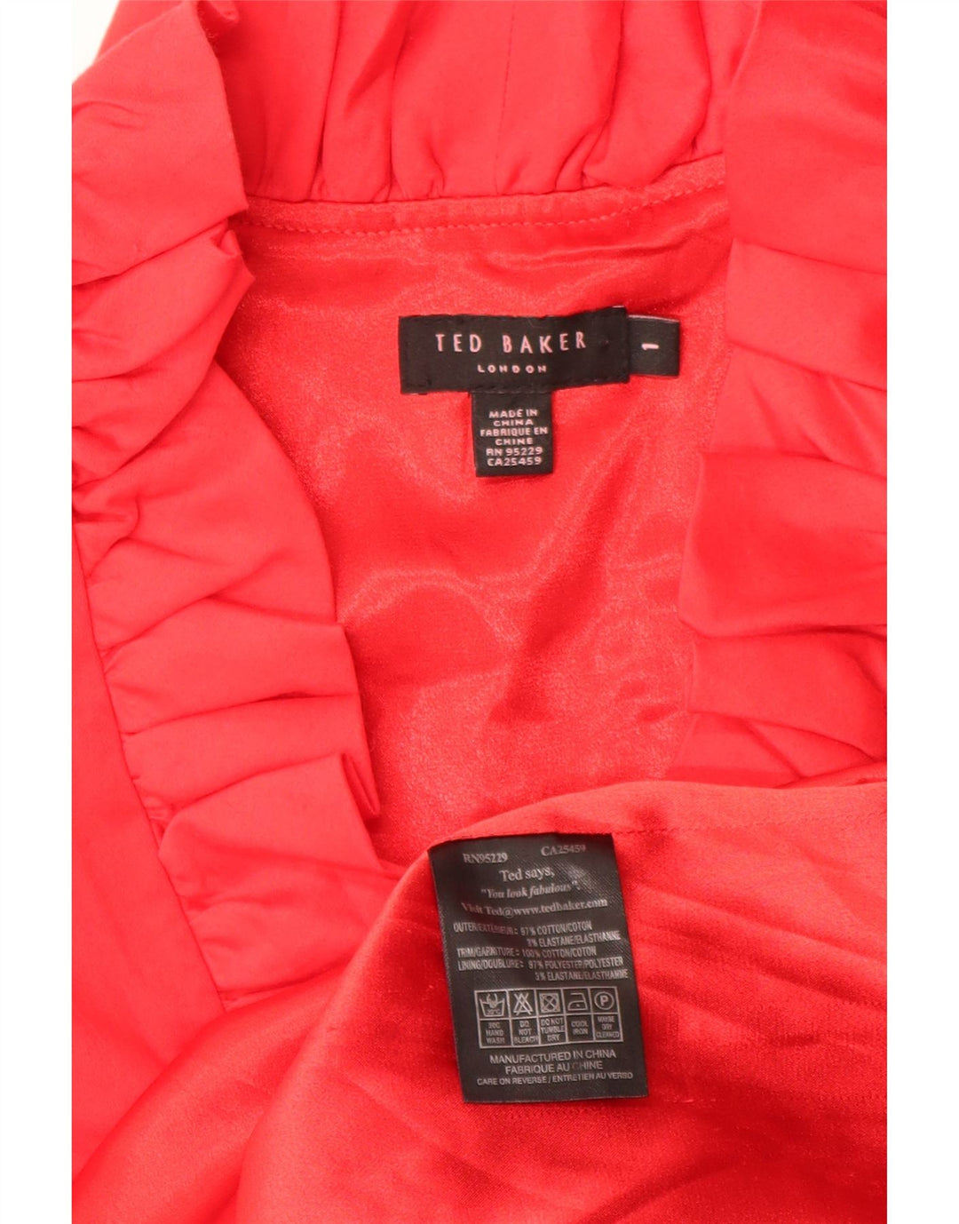 Ted Baker Damen ärmelloses Etuikleid mit Rüschen vorne, Größe 1 XS, rote Baumwolle