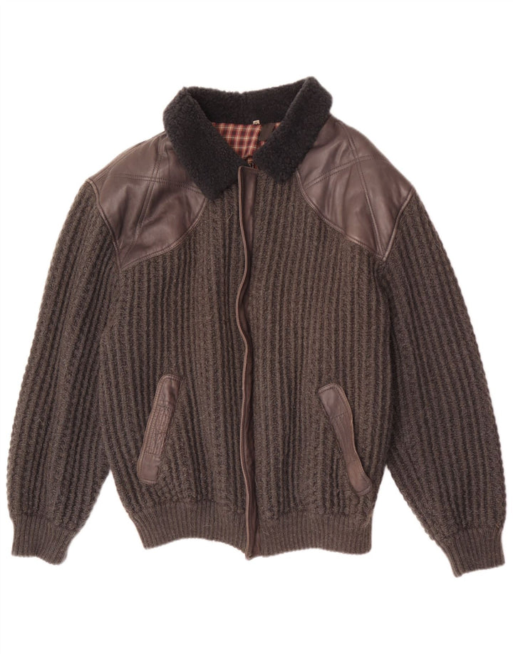 Vintage Herren Strick-Bomberjacke IT 54/56 XL Graue Colourblock-Wolle