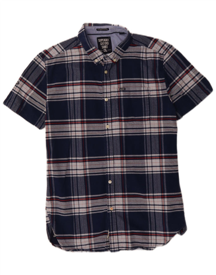 SUPERDRY Herren-Kurzarmhemd aus mittelblauer, karierter Baumwolle