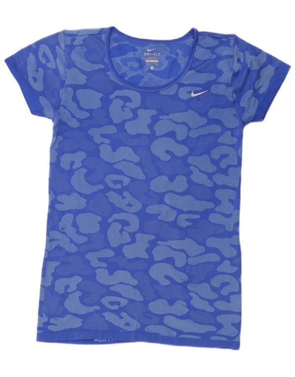 NIKE Damen Dri Fit T-Shirt Top UK 10 Small Blue Camouflage