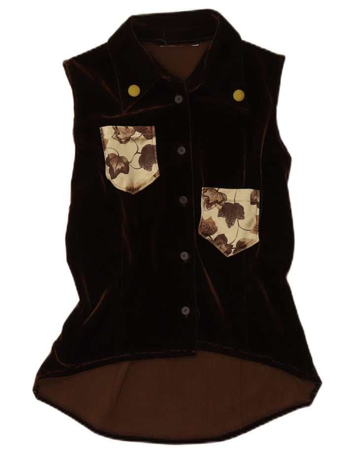 VINTAGE Damen Velours ärmellose Hemdbluse UK 12 Mittelbraun geblümt