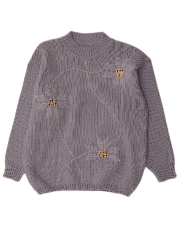 Vintage Damen Rollkragenpullover Pullover UK 14 Mittelblaue geblümte Wolle