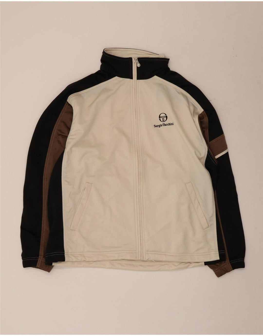 Sergio Tacchini Herren-Trainingsanzug-Oberteil, Jacke, groß, weißes Farbblock-Polyester