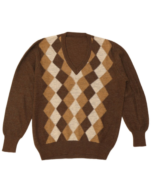 Vintage Herren Pullover mit V-Ausschnitt, groß, braun, Argyle/Diamant