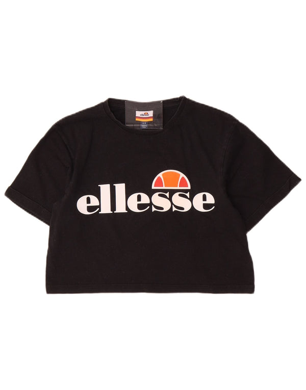 ELLESSE Damen Oversize Crop Graphic T-Shirt Top UK 6 XS Schwarz Baumwolle