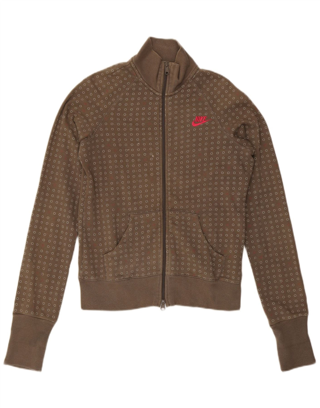 NIKE Damen-Trainingsanzug, Top-Jacke, UK 14, große Khaki-gepunktete Baumwolle