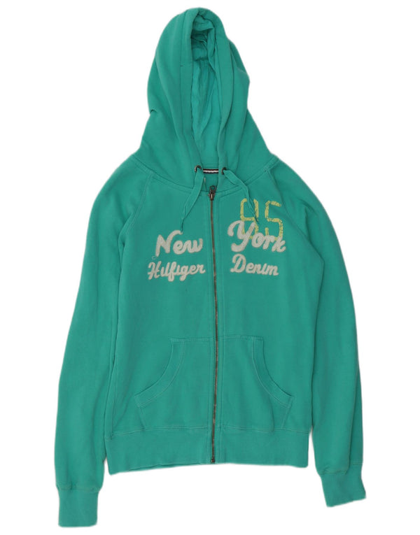Tommy Hilfiger Damen-Kapuzenpullover mit grafischem Reißverschluss, UK 12, mittelgrüne Baumwolle