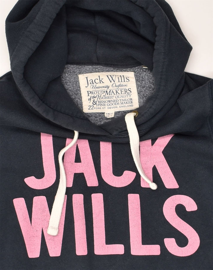 JACK WILLS Womens Graphic Hoodie Jumper UK 10 Small  Navy Blue Cotton | Vintage Jack Wills | Thrift | Second-Hand Jack Wills | Used Clothing | Messina Hembry 