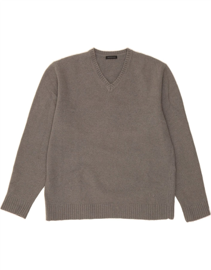 SERGIO TACCHINI Womens V-Neck Jumper Sweater XL Grey Wool Vintage Sergio Tacchini and Second-Hand Sergio Tacchini from Messina Hembry 