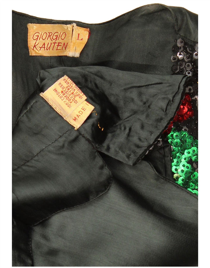 GIORGIO KAUTEN Damen Paillettenweste UK 16 Große schwarze geblümte Baumwolle