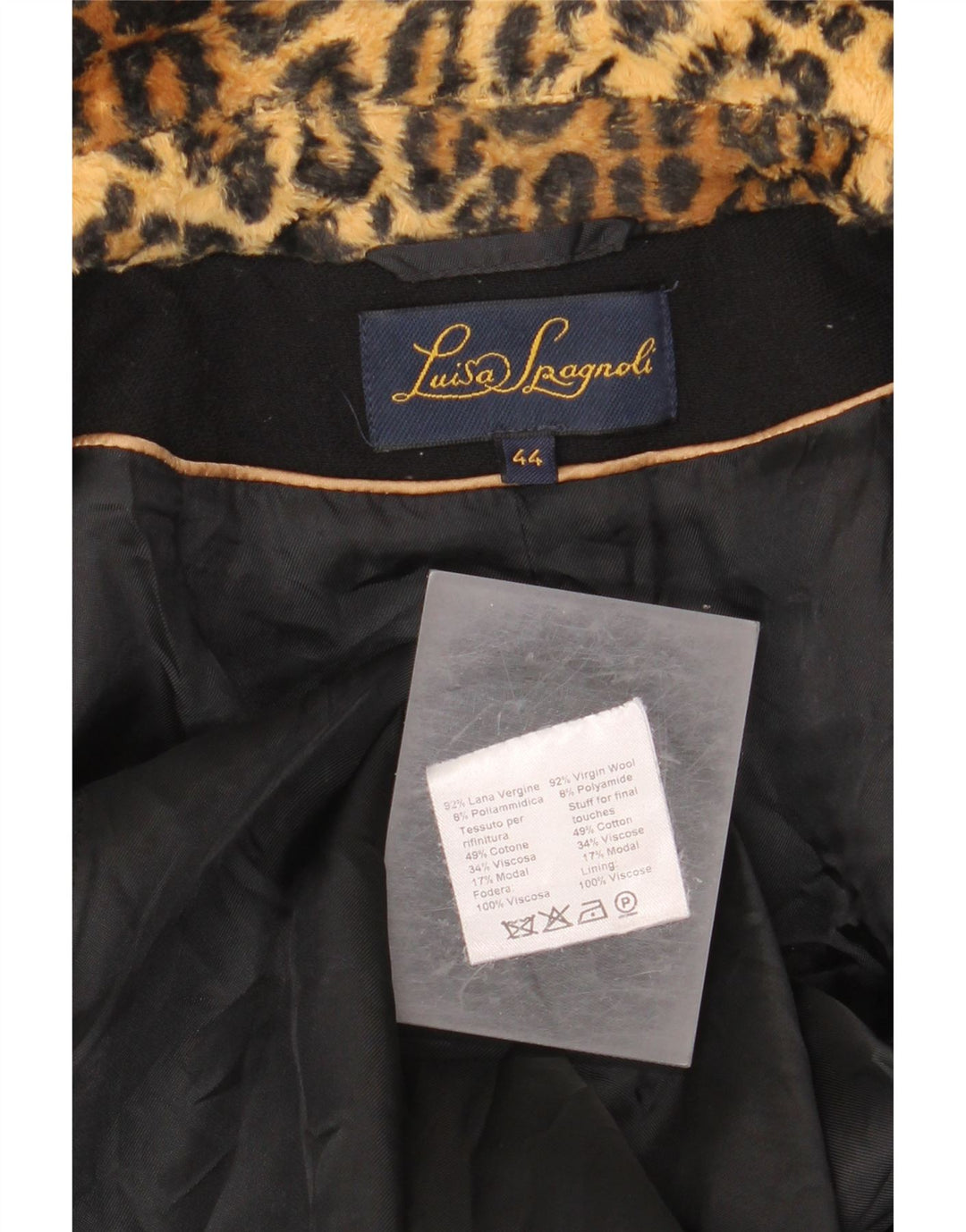 Luisa Spagnoli Damen Mantel IT 44 Mittelschwarze Schurwolle mit Animal-Print