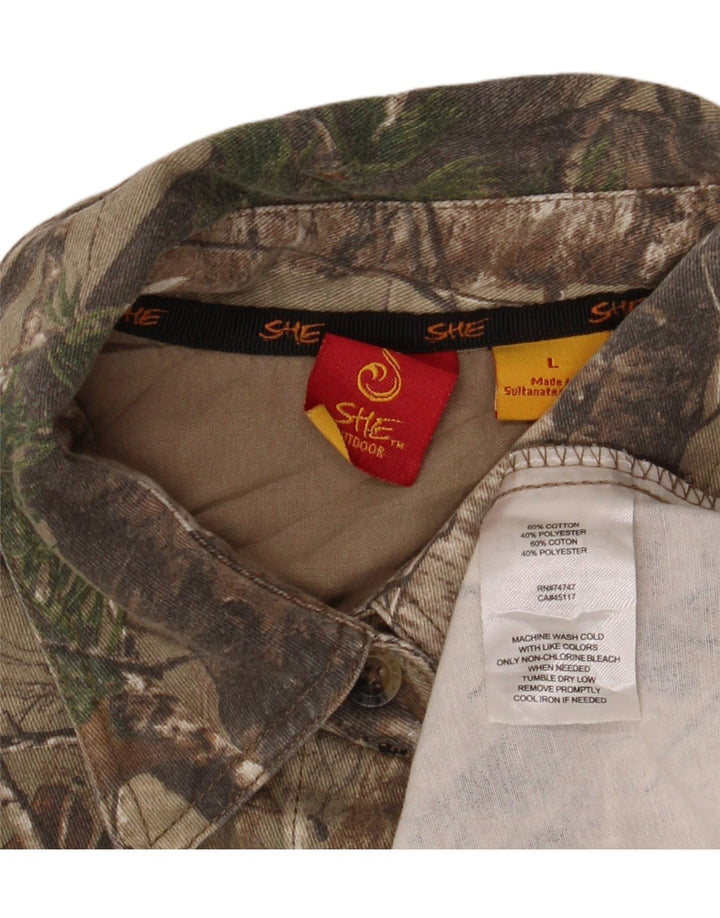 VINTAGE Damen-Hemd mit abstraktem Muster, UK 16, große Khaki-Farbblock-Baumwolle