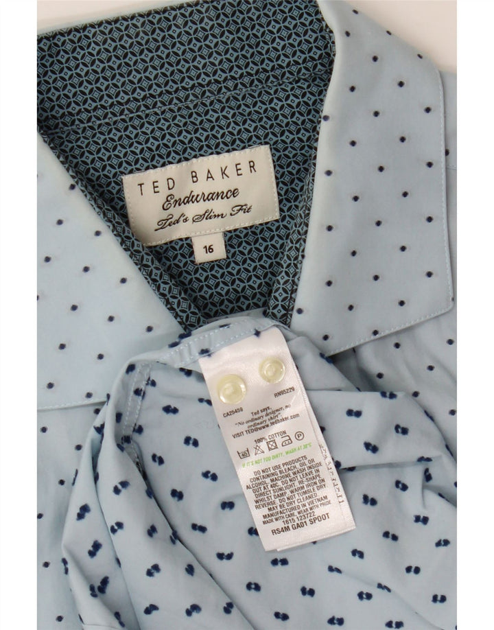 TED BAKER Herren-Slim-Fit-Hemd, Größe 16, groß, blaue gepunktete Baumwolle