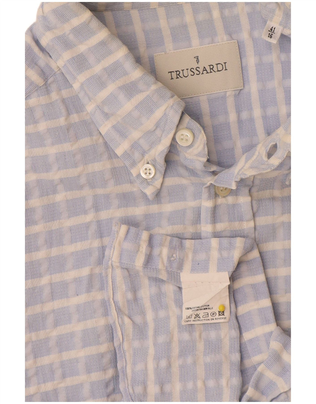 Trussardi Herrenhemd, Größe 41 16, groß, blau kariert, Baumwolle