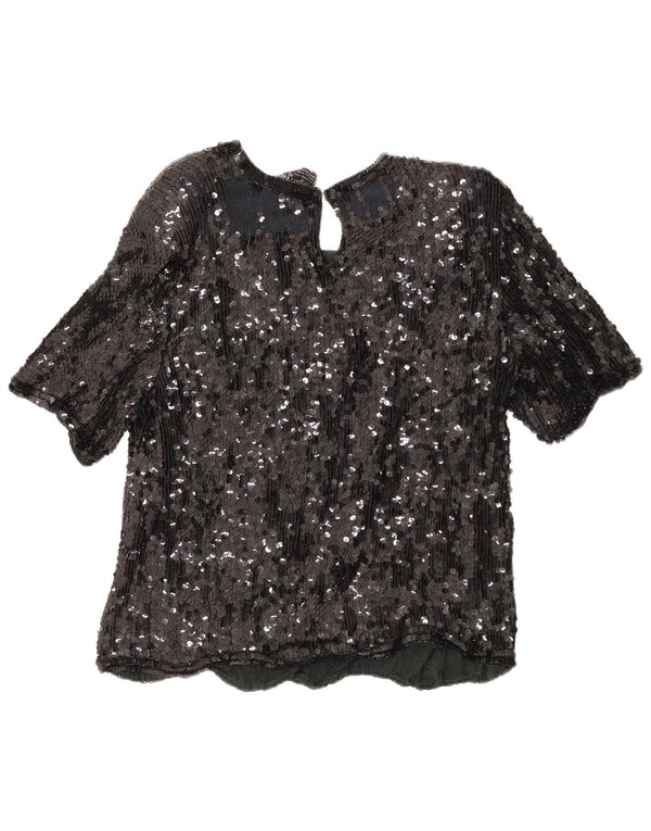 Vintage Damen Abend Crop PaillettenBluse Top UK 18 XL Schwarz geblümte Seide