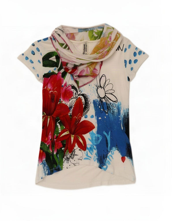 Desigual Damen Grafik-T-Shirt Top UK 14 Large Weiße Viskose