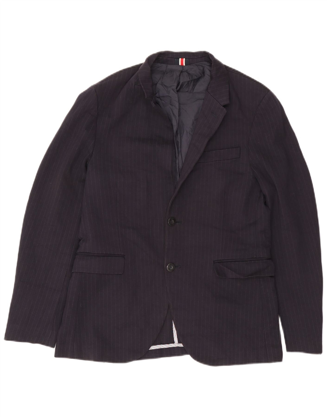 Zara Herren-Blazer mit 2 Knöpfen, EU 50, mittelmarineblaue Nadelstreifen-Viskose