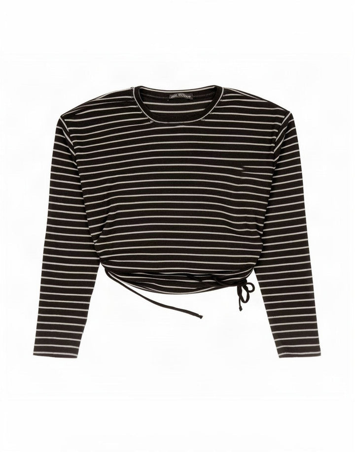 Zara Damen Crop Top Langarm UK 14 Mittelschwarz gestreift Polyester