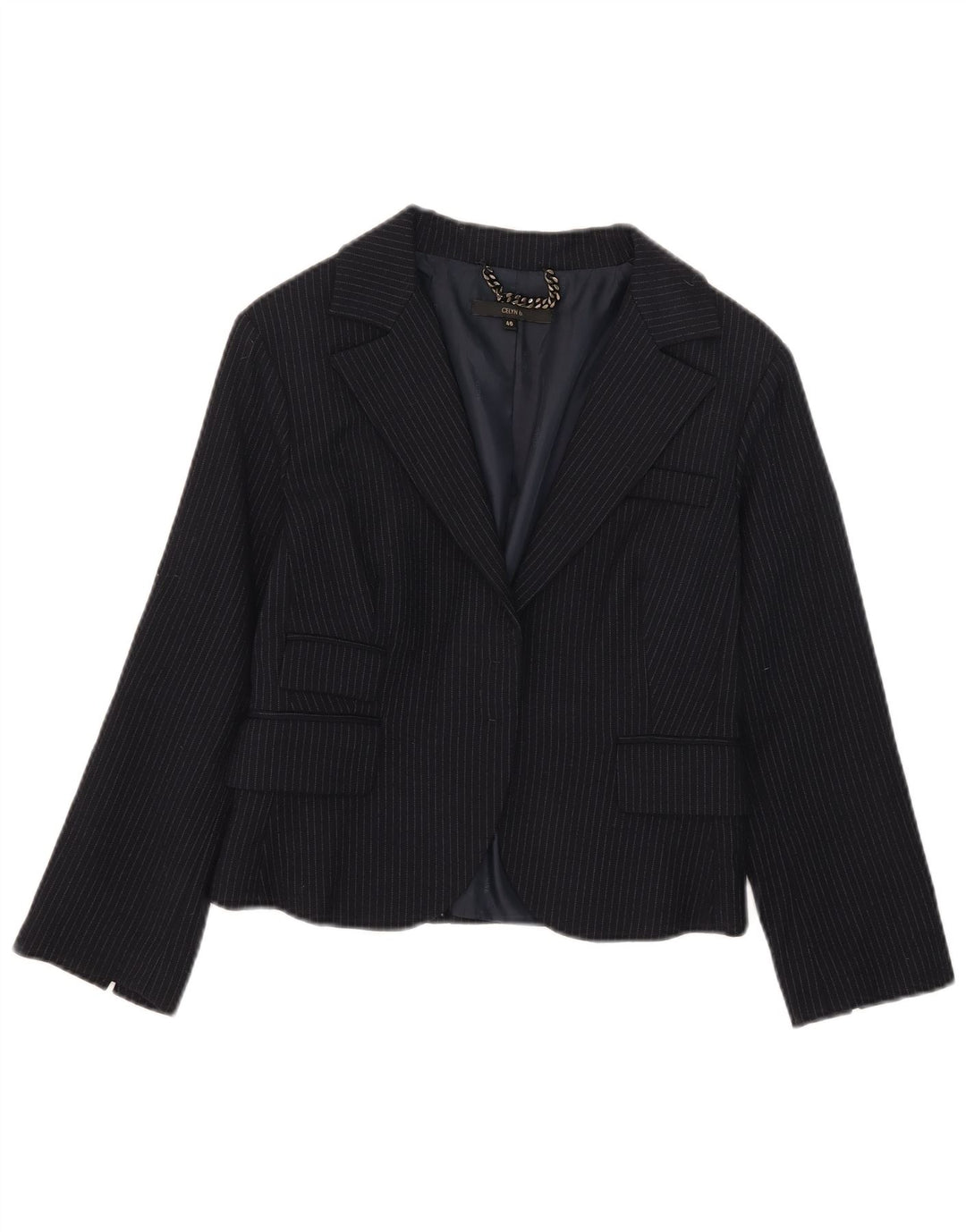 Celyn B Damen Crop Open Blazer Jacke IT 46 Große marineblaue Nadelstreifenwolle