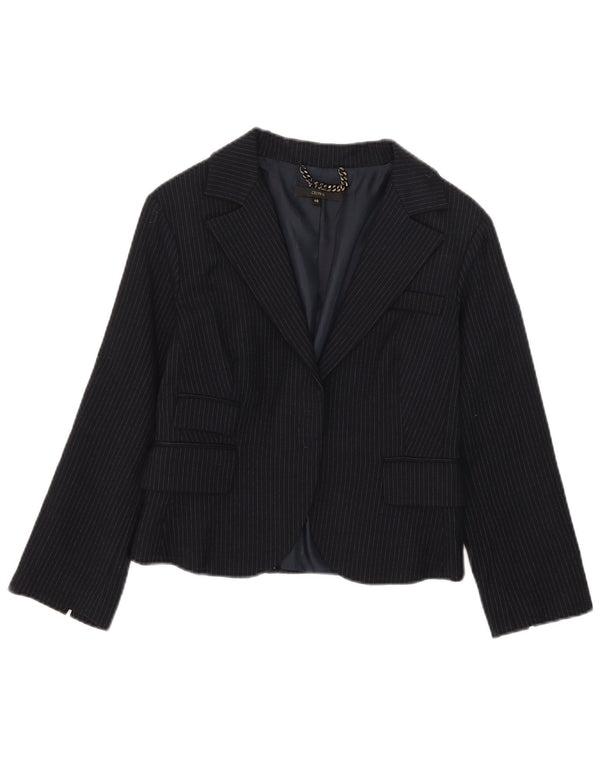 Celyn B Damen Crop Open Blazer Jacke IT 46 Große marineblaue Nadelstreifenwolle