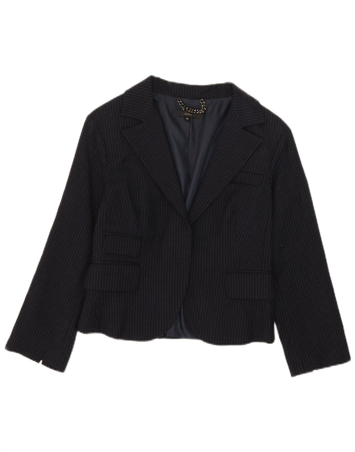 Celyn B Damen Crop Open Blazer Jacke IT 46 Große marineblaue Nadelstreifenwolle