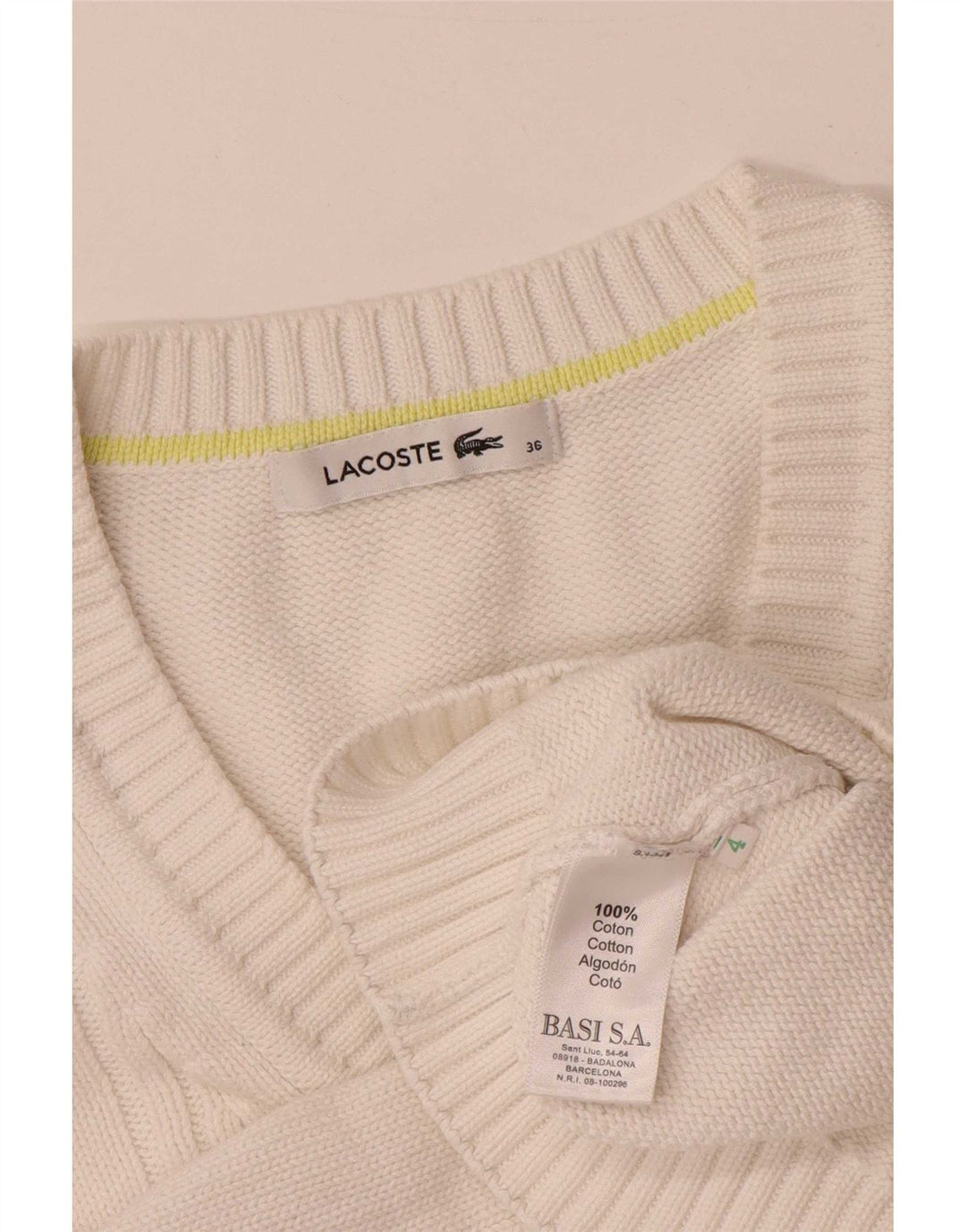 Lacoste Damen-Pullover mit V-Ausschnitt, Größe 36, kleine weiße Baumwolle