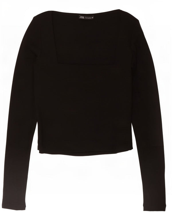 Zara Womens Crop Top Long Sleeve UK 14 Large Black Cotton