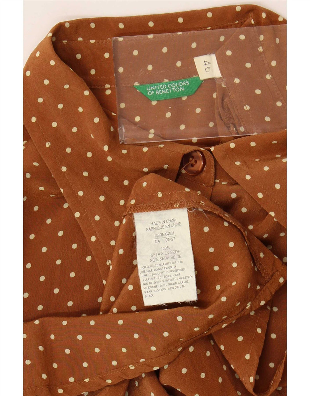 Benetton Damen-Hemdbluse IT 46, große braun gefleckte Seide