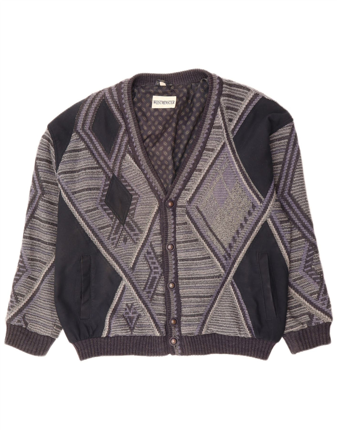 VINTAGE Herren Cardigan Pullover XL Grau Geometrisch Acryl