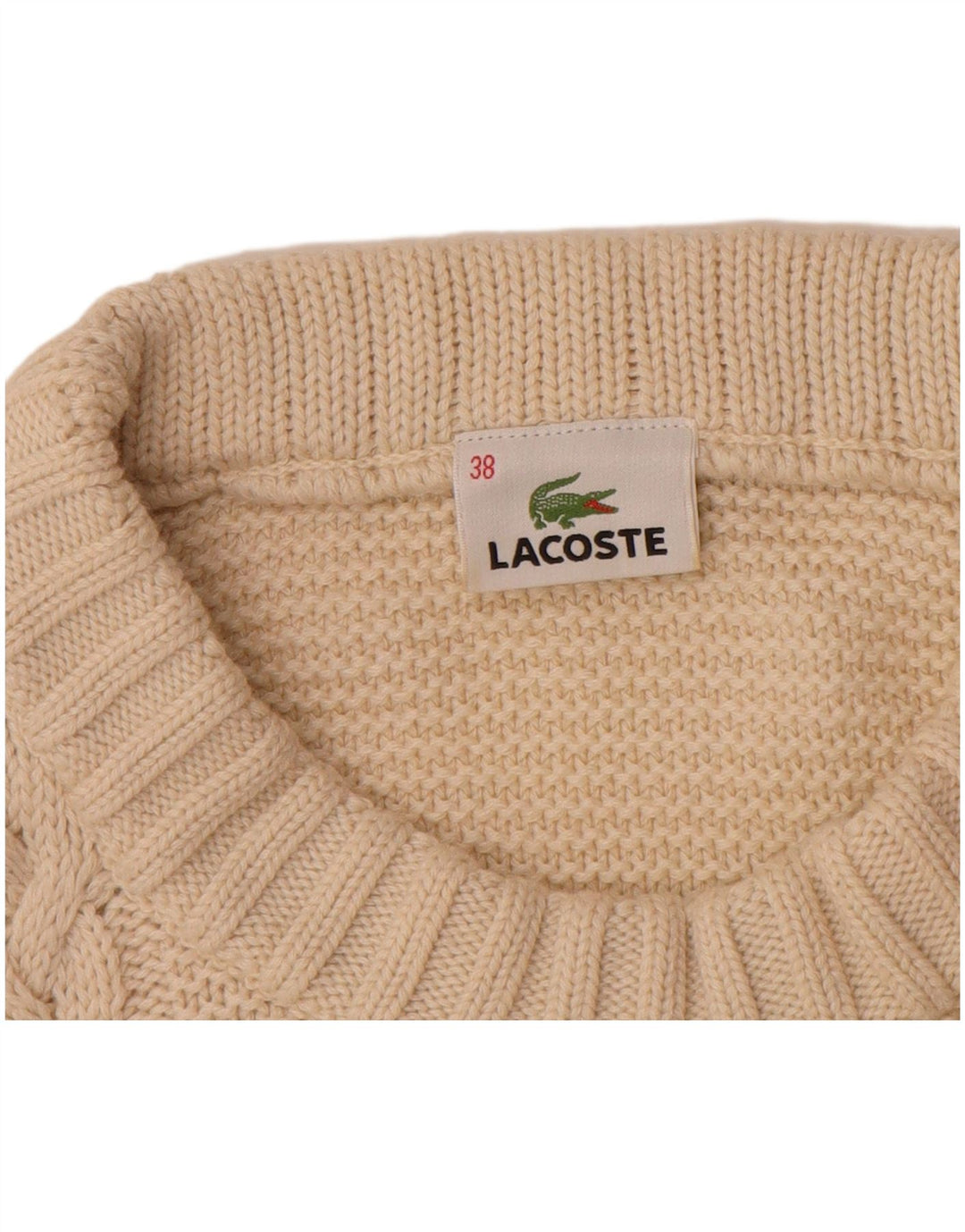 LACOSTE Damen-Pullover mit Rundhalsausschnitt, Größe 38, mittelbeige Wolle