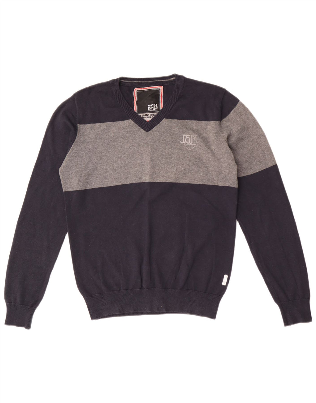 Jack & Jones Herren-Pullover mit V-Ausschnitt aus Baumwolle in mittlerem Marineblau mit Blockfarben