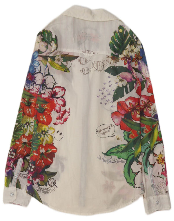 Desigual Damen-Hemd UK 10 Small aus weißer, geblümter Baumwolle