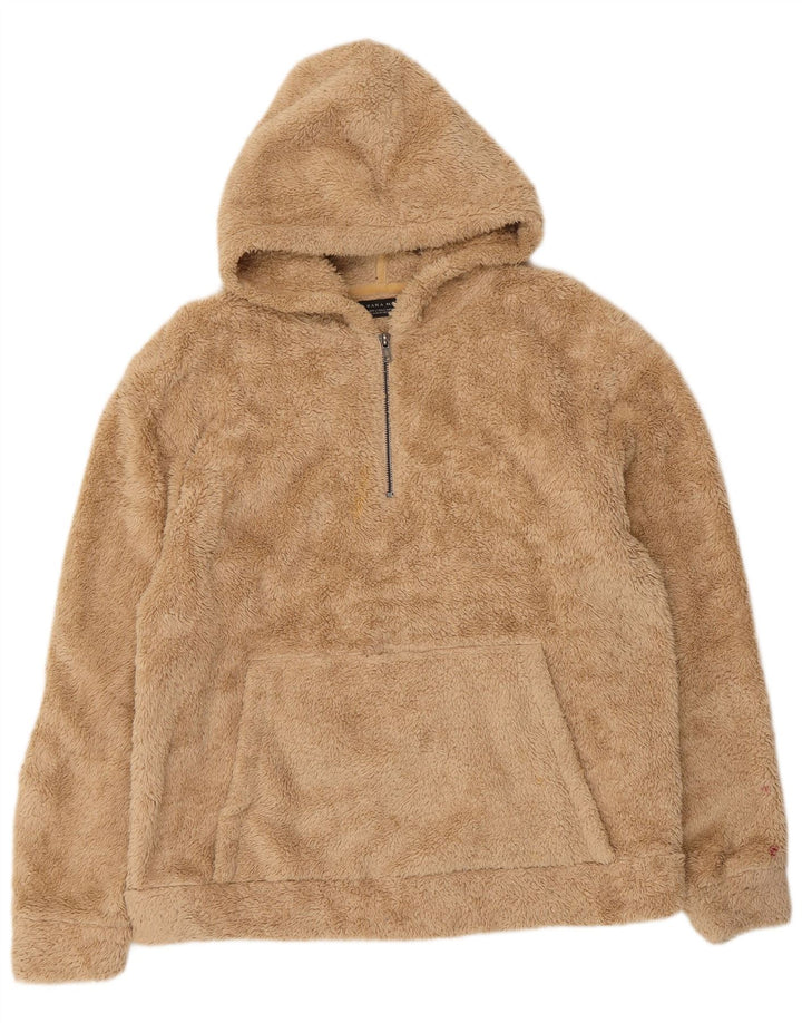 ZARA Herren-Fleecepullover mit Kapuze, Größe L, Beige