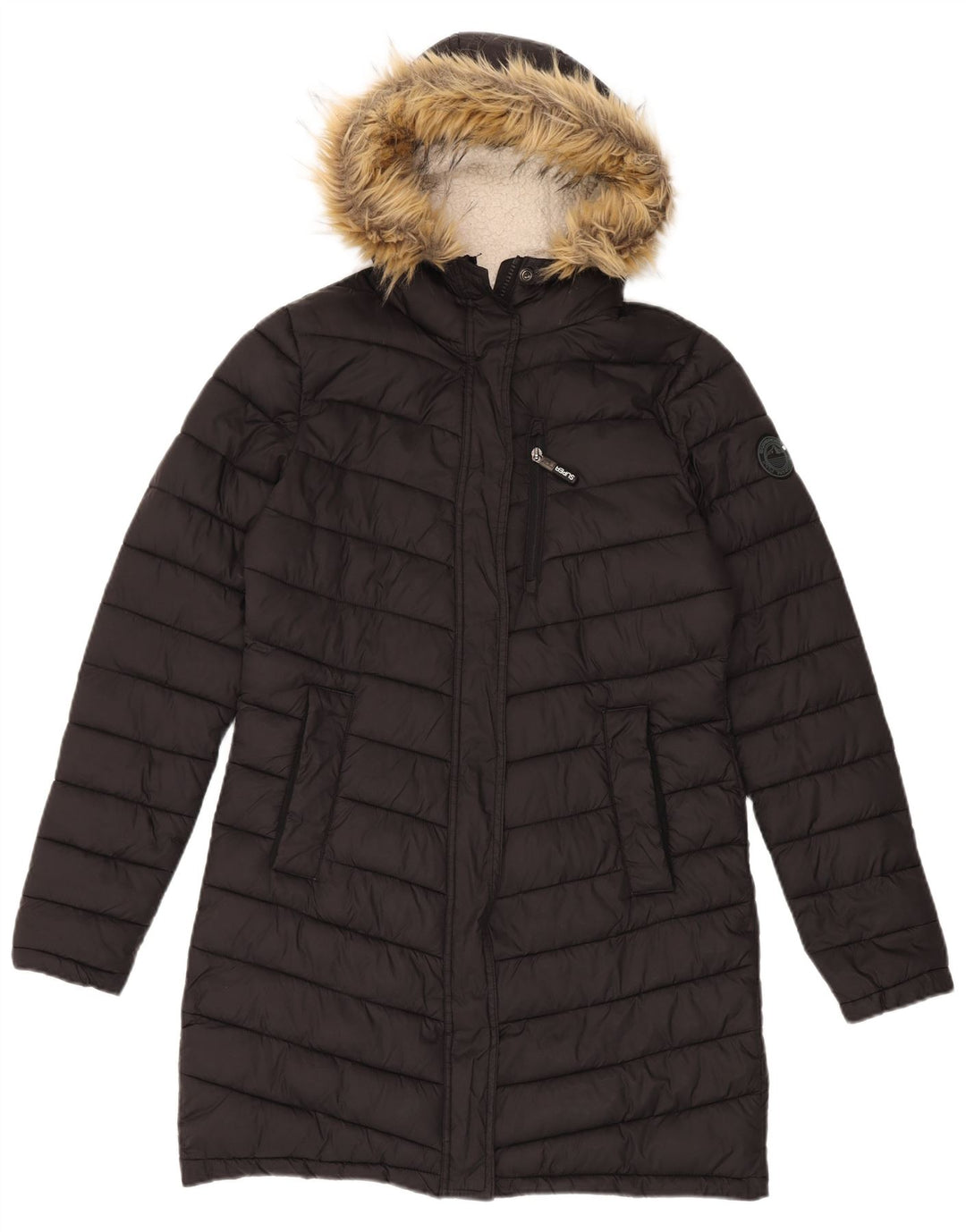 Superdry Wattierter Mantel mit Kapuze für Damen, UK 12, Mittelschwarzes Nylon