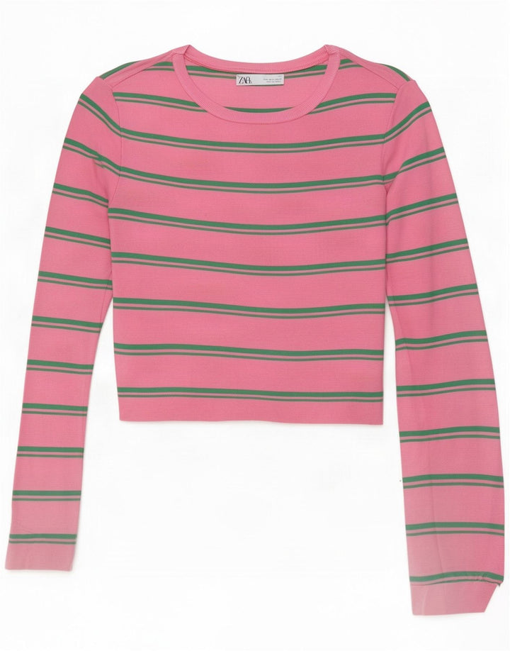 Zara Damen Crop Top Langarm UK 14 Großes rosa gestreiftes Polyamid