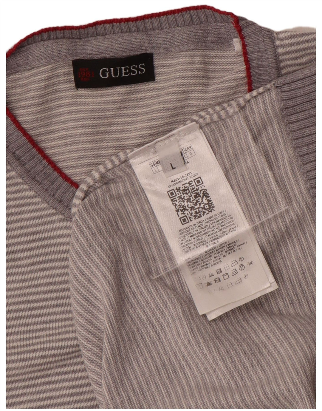 Guess Herren-Pullover mit Rundhalsausschnitt, groß, grau gestreift, Baumwolle