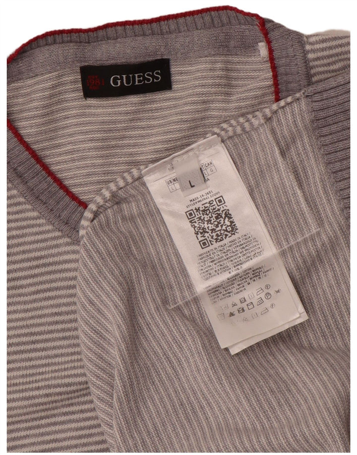 Guess Herren-Pullover mit Rundhalsausschnitt, groß, grau gestreift, Baumwolle