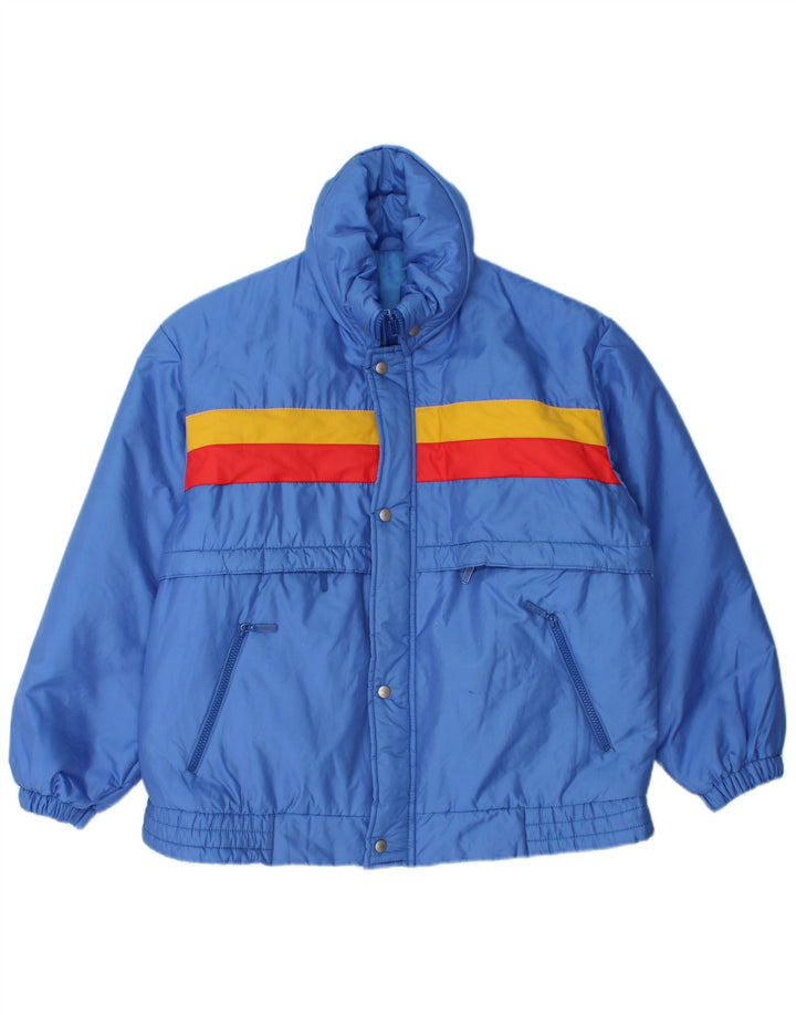VINTAGE Wattierte Herrenjacke mit Kapuze, UK 36, kleines blaues Colourblock-Polyamid