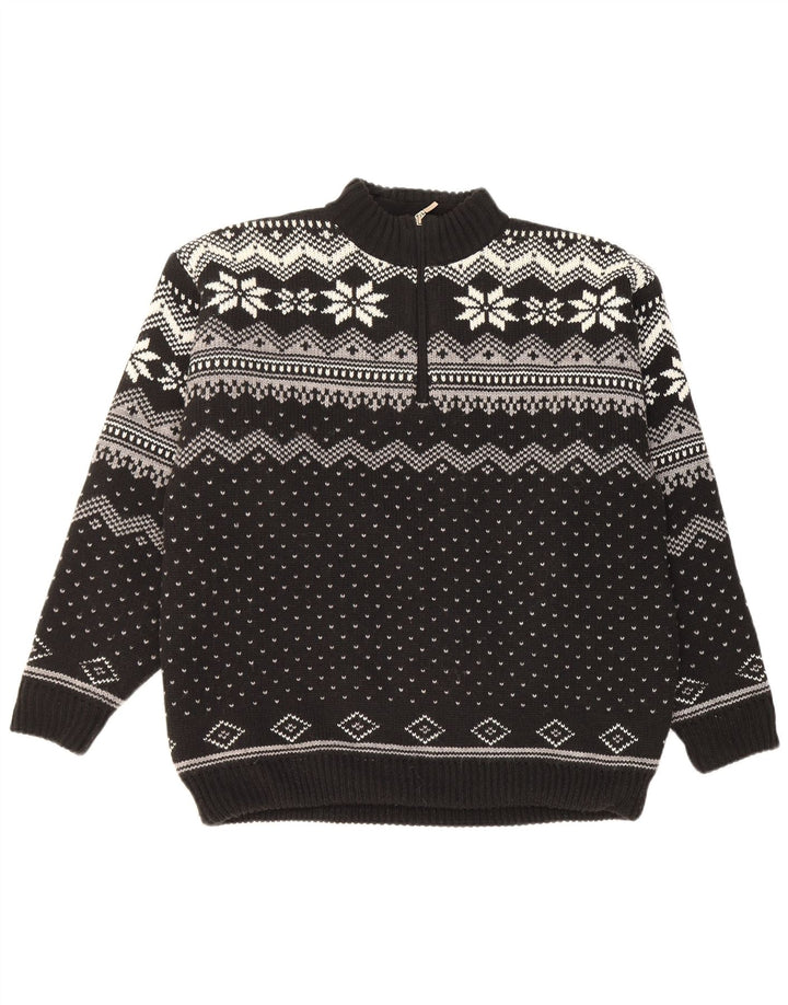 Werther Herren-Pullover mit Reißverschluss am Hals, groß, Schwarz, Fair-Isle-Polyacryl